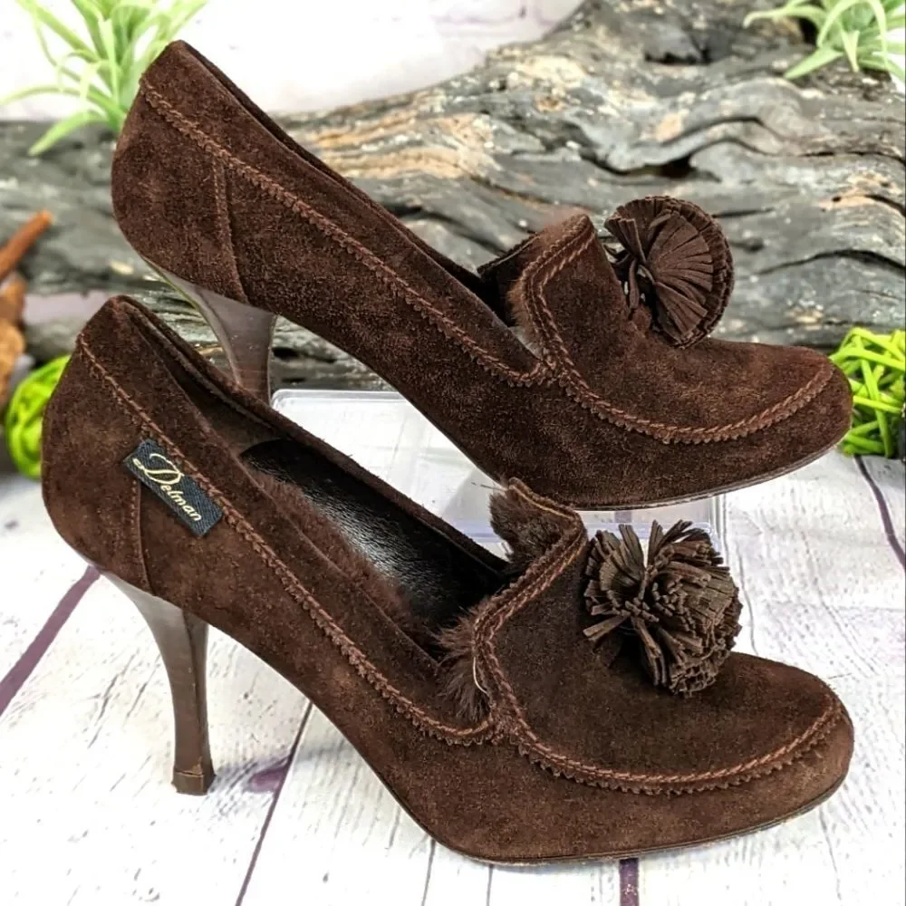 Delman Brown Suede Leather Fur Lined Heels